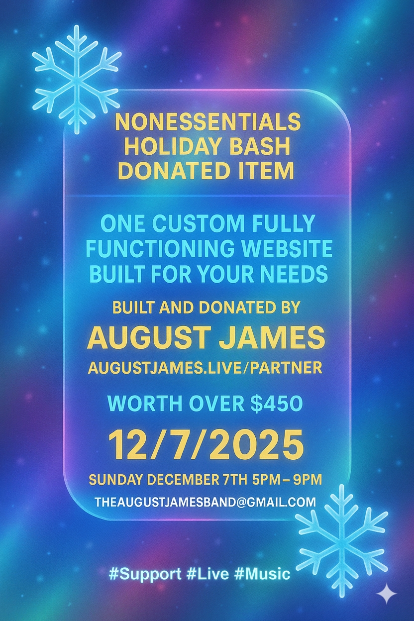 Promotional flyer for Nonessentials Holiday Bash donated website
